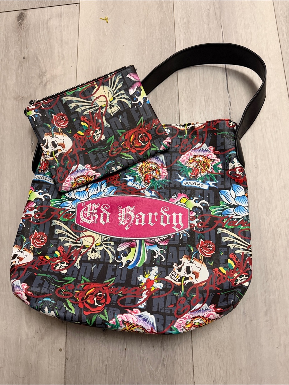 Ed Hardy Black Multicolor Tattoo-Print Shoulder Bag with Coin Pouch